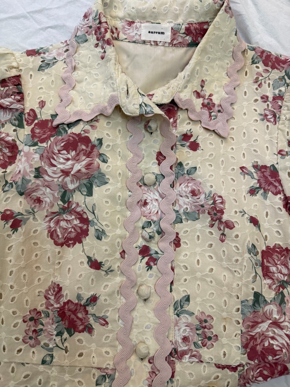 AUREUM Cream Eyelet Mini Dress with Pink Rose Print - Picture 3 of 8